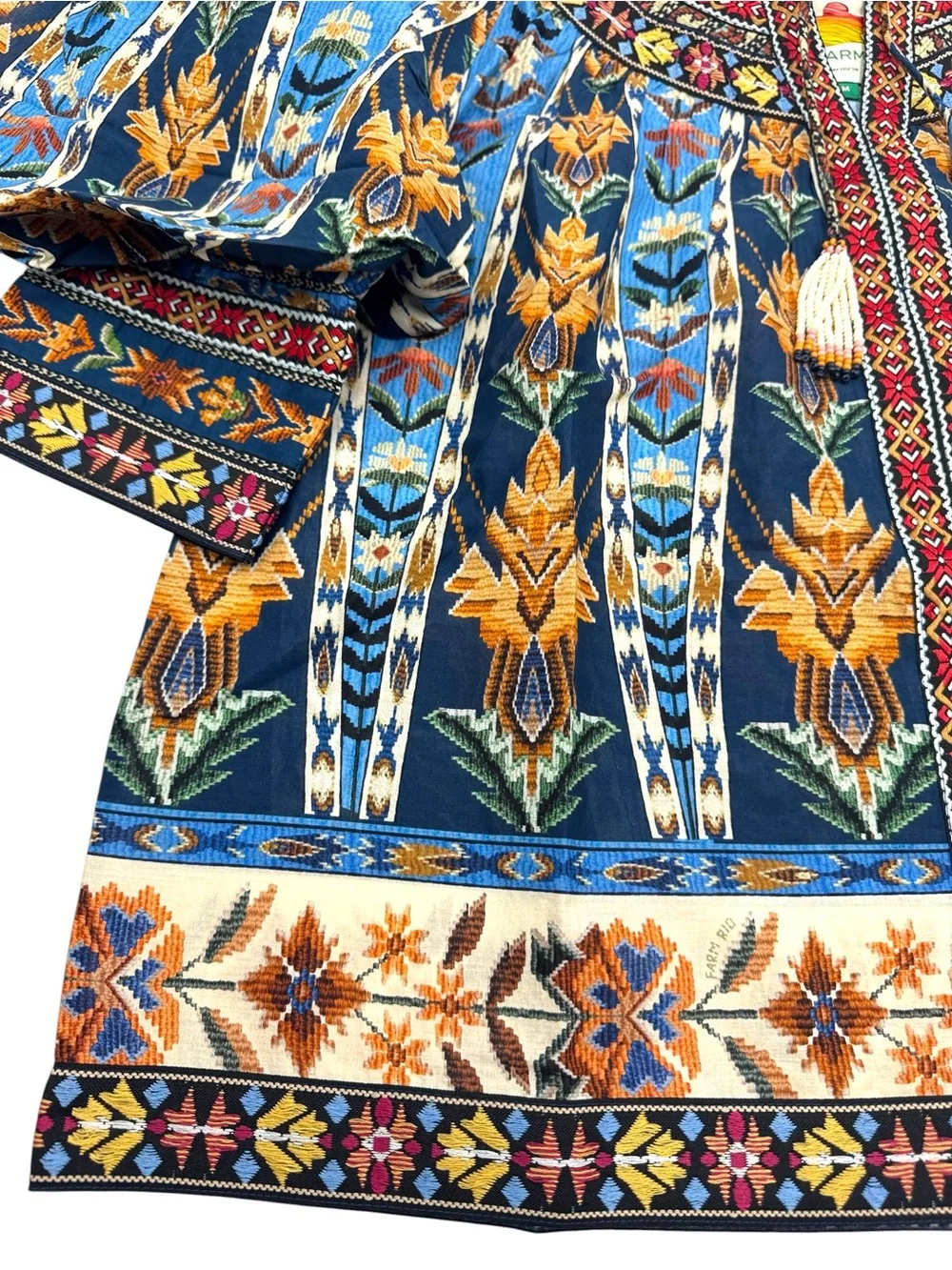 NWT FARM Rio Embroidered Tapestry Blue Short Sleeve Blouse Size Medium